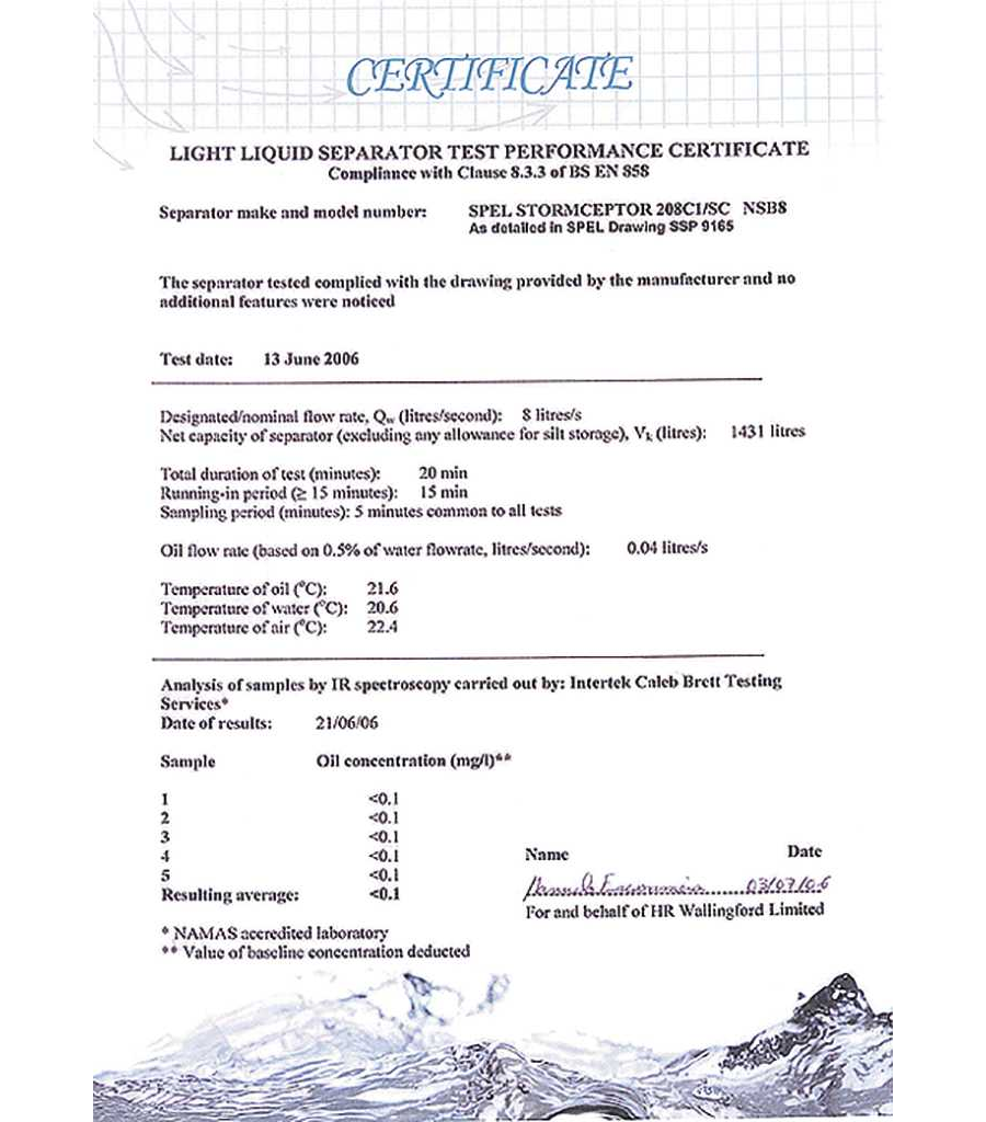 Light Liquid Separator Test Performance Certificate